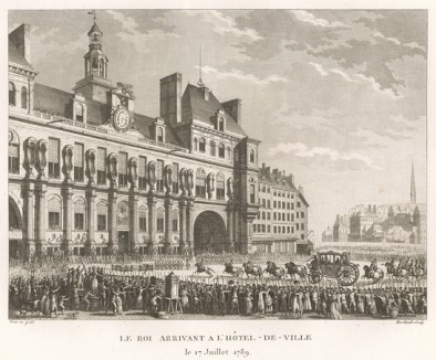 17 июля 1789 г. Прибытие короля в Ратушу. Людовик XVI, долго не желавший принимать всерьез волнения в Париже, приезжает в Hôtel de Ville, где лидеры восставших - Байи и Ла Файет - вручают ему трехцветную кокарду как символ революции.