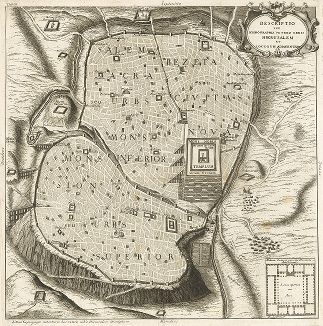 Карта Иерусалима. Descriptio seu Ichnographia veteris urbis Hierusalem et Locorum Adiacentium.  Составил Жан-Луи Доде, Лион, 1723.