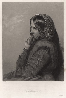 Дездемона, героиня пьесы Уильяма Шекспира "Отелло". The Heroines of Shakspeare. Лондон, 1850-е гг.