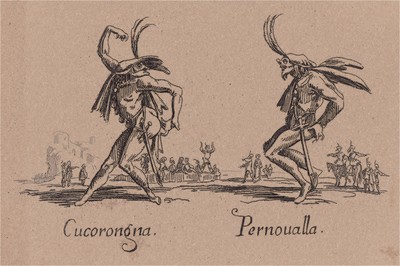 Кукоронья и Пернуалла (Cucorongna - Pernoualla). Из цикла офортов конца 19 века, выполненного по серии гравюр Жака Калло "Balli Di Sfessania" (Танцы беззадых (бескостных)), в которой он изобразил персонажей итальянской "Комедии дель Арте"