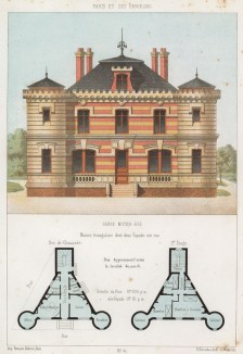 Дом, стилизованный под средневековый замок треугольной формы, с двумя фасадами, выходящими на улицу (из популярного у парижских архитекторов 1880-х Nouvelles maisons de campagne...)