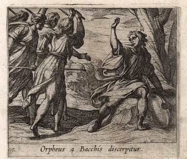 Нападение вакханок на Орфея. Гравировал Антонио Темпеста для своей знаменитой серии "Метаморфозы" Овидия, л.99. Амстердам, 1606