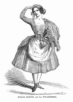 Фанни Черрито (1817 -- 1909 гг.) -- итальянская балерина, исполняющая главную партию в балете композитора Цезаря Пуни (1802 -- 1870 гг.) "Маркитанка" на сцене Лондонского Театра Её Величества (The Illustrated London News №109 от 01/05/1844 г.)