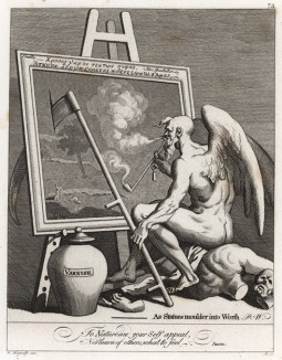 Время обкуривает картину, 1761. Подписной талон на покупку «Сигизмунды». Сюжет навеян модой на живописные работы старых мастеров. Хогарт пытался убедить арт-дилеров и покупателей, что не все старое представляет художественную ценность. Геттинген, 1854