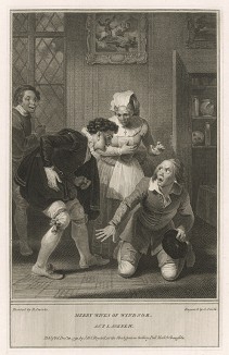 Иллюстрация к комедии Шекспира "Виндзорские проказницы", акт I, сцена IV: Доктор Каюс обнаруживает Симпла в своем чулане. Boydell's Graphic Illustrations of the Dramatic works of Shakspeare, Лондон, 1803. 