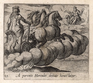 Геркулес обожествляется отцом. Гравировал Антонио Темпеста для своей знаменитой серии "Метаморфозы" Овидия, л.85. Амстердам, 1606