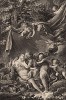 Зевс соблазняет нимфу Каллисто, приняв облик Артемиды (гравюра из первого тома знаменитой поэмы "Метаморфозы" древнеримского поэта Публия Овидия Назона. Париж, 1767 год)