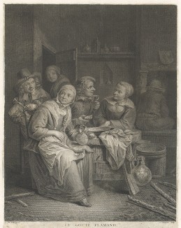 Вкус Фландрии. Le goute flamand. Гравировал Якоб Маттиас Шмуцер с живописного оригинала Гиллиса ван Тилборха. Париж, 1762