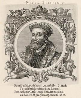 Николас Бизе -- личный врач императора Максимилиана II (лист 45 иллюстраций к известной работе Medicorum philosophorumque icones ex bibliotheca Johannis Sambuci, изданной в Антверпене в 1603 году)