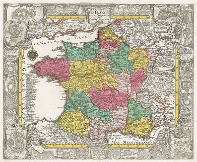 Редкая карта Франции с планами крепостей и городов, завоеванных Людовиков XIV. Le Royaume de France et les Conquetes de Louis de Grand