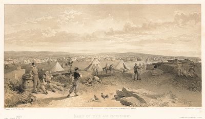 Полевой лагерь 4-ой английской дивизии около Севастополя в июле 1855 года. The Seat of War in the East by William Simpson, Лондон, 1856 год. Часть II, лист 9