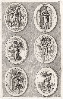 Три Грации, Румина, Ора, Зефир, Эрато и Психея. "Iconologia Deorum,  oder Abbildung der Götter ...", Нюренберг, 1680. 