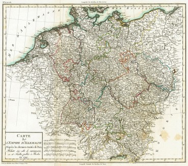 Карта Священной Римской империи германской нации. Carte de l'Empire d'Allemagne. D'après les derniers traités de paix, réduite sur celle de Sotzmann, en 16 feuilles… Составил картограф Даниэль Фридрих Зотцманн. Берлин, 1797