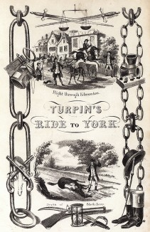 Фронтиспис к роману «Путешествие Дика Турпина в Йорк»: перелет через Эдмонтон и смерть лошади Турпина, по имени Черная Бесс. Turpin's Ride to York. Лондон, 1839