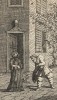 Пытаясь жениться на богатой вдове, освободившей его из плена, Гудибрас ухаживает за ней на манер средневековых рыцарей. Иллюстрация к поэме «Гудибрас». Лондон, 1732