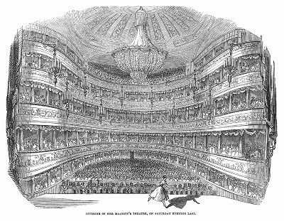 Театр Её Величества в Лондоне, основанный в 1705 году английским архитектором и драматургом Сэром Джоном Ванбру (1664 -- 1726), самым значительным представителем английского барокко (The Illustrated London News №111 от 15/06/1844 г.)