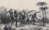 Поединок воинов с неизвестных островов Океании (лист 43 второго тома работы профессора Шинца Naturgeschichte und Abbildungen der Menschen und Säugethiere..., вышедшей в Цюрихе в 1840 году)