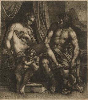 Венера и Анхиз. Меццо-тинто Валлеранта Вайланта с фрески Аннибале Карраччи в галерее Фарнезе. 
