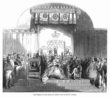 Её Величество королева Виктория произносит традиционную тронную речь перед собравшейся Палатой Лордов во время церемонии открытия парламентской сессии (The Illustrated London News №92 от 03/02/1844 г.)