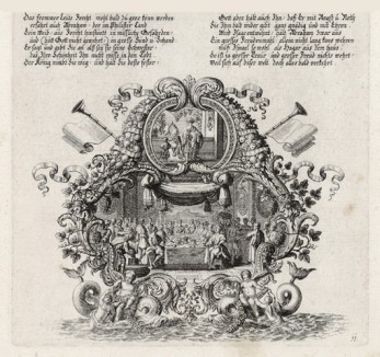 Пир у Авимелеха (из Biblisches Engel- und Kunstwerk -- шедевра германского барокко. Гравировал неподражаемый Иоганн Ульрих Краусс в Аугсбурге в 1700 году)