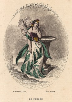 Задумчивая барышня Анютины глазки. Иллюстрация блестящего Жана Гранвиля из Les Fleures animees, Париж, 1847. 