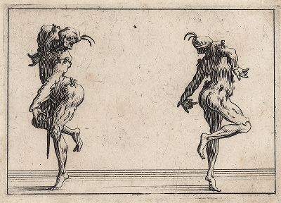 Панталоне, повернувшиеся спинами друг к другу. Офорт Жака Калло из сюиты Capricci De Varie Figures (Флорентийская серия), ок. 1617 гг. 