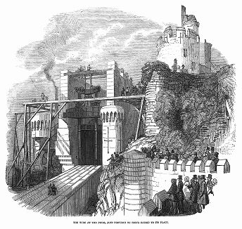 Подъём и установка металлической тубы, изготовленной для железнодорожного моста через реку Конвей в Уэльсе, построенного в 1848 году британским инженером Робертом Стивенсоном (1803 -- 1859) (The Illustrated London News №307 от 11/03/1848 г.)