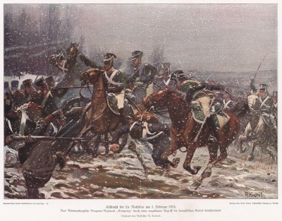 Вюртембергский драгунский полк кронпринца атакует французские каре в сражении при Ла-Ротьере 1 февраля 1814 г. Илл. Рихарда Кнотеля, Die Deutschen Befreiungskriege 1806-15. Берлин, 1901