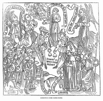 Иллюстрация молитвы "Отче наш" в так называемой "Библии для бедных", состоявшей из серии картинок с объяснительным текстом, отпечатанной с гравюры на дереве в испанском городе Сантандер (The Illustrated London News №103 от 20/04/1844 г.)