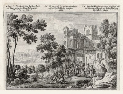 Давид велит убить убийцу Саула (из Biblisches Engel- und Kunstwerk -- шедевра германского барокко. Гравировал неподражаемый Иоганн Ульрих Краусс в Аугсбурге в 1700 году)