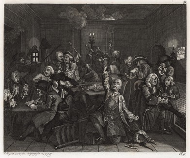 Карьера мота, гравюра VI. «В игорном доме», 1735. Этой гравюрой Хогарт откликнулся на несколько произошедших в 1733 г. случаев разорения знати в игорных домах. Молодой мот (в центре) счастлив, он пока в выигрыше. Геттинген, 1854