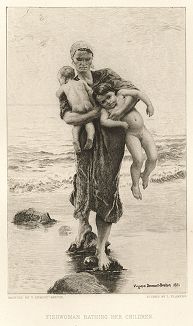 Рыбачка, купающая своих детей. Лист из серии "Галерея офортов". Лондон, 1880-е