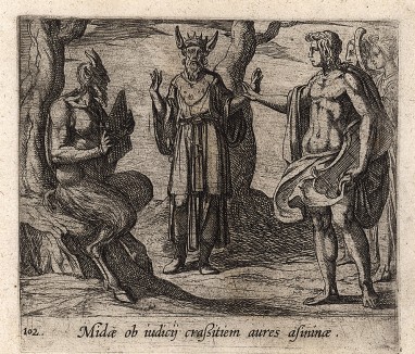 Мидас получает ослиные уши от Аполлона за судейство состязания в пении между ним и сатиром Марсием. Гравировал Антонио Темпеста для своей знаменитой серии "Метаморфозы" Овидия, л.102. Амстердам, 1606