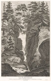 Вид на скалистые горы и ручей в кантоне Люцерн, Швейцария Гравюра из Tableaux de la Suisse...pays л. 148, Париж, 1780 -- 1788. 