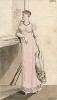 Муслиновое платье с высоким поясом, украшенное по подолу атласным кружевом. Модное дополнение - кашемировая шаль. Из первого французского журнала мод эпохи ампир Journal des dames et des modes, Париж, 1813. Модель № 1283