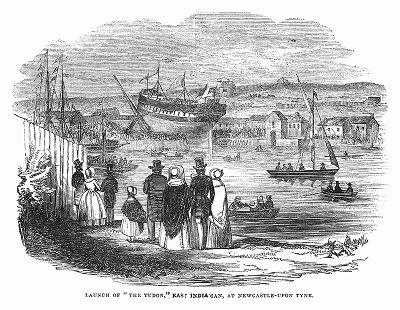 Спуск на воду нового корабля британского флота под названием "Тюдор", предназначенного для торговли в Ост--Индии, построенного в 1844 году на судостроительной верфи в городе Ньюкасл--апон--Тайн (The Illustrated London News №111 от 15/06/1844 г.)