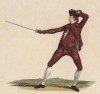 Первая позиция приветствия. (Первое положение входного приветствия) (лист 10 знаменитого учебника по фехтованию Доменико Анджело, изданного в 1763 году в Лондоне). Репринт 1968 года.
