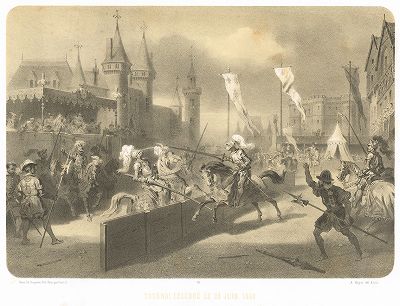Рыцарский поединок, в ходе которого был смертельно ранен король Франции Генрих II Валуа (из работы Paris dans sa splendeur, изданной в Париже в 1860-е годы)