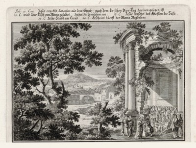 Воскрешение Лазаря (из Biblisches Engel- und Kunstwerk -- шедевра германского барокко. Гравировал неподражаемый Иоганн Ульрих Краусс в Аугсбурге в 1700 году)
