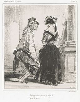 "- Мадам ищет месье?" - Двух". Литография Поля Гаварни из серии "Карнавал", 1840-е гг