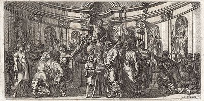 Сцена жертвоприношения в античном храме. "Iconologia Deorum,  oder Abbildung der Götter ...", Нюренберг, 1680. 