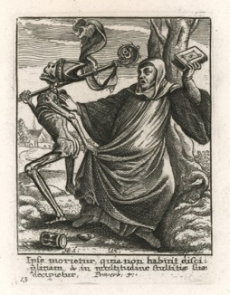 Пресыщенный Аббат отбивается от Смерти, уже похитившей его тиару и посох ("Пляски смерти" Ганса Гольбейна Младшего, гравированные Венцеслаусом Холларом (лист 13))