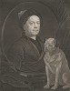Автопортрет с собакой Трампом. 1749. Гравюра с живописного полотна 1745 г. На портрете Хогарта, помимо любимого пса, изображены палитра и книги Шекспира, Свифта и Мильтона, которые он иллюстрировал. Лондон, 1838