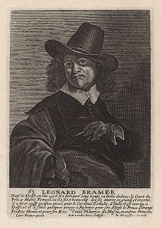 Леонарт Брамер (1596 -- 1674 гг.) -- фламандский рисовальщик, живописец и гравер. Гравюра Антони ван дер Дуса с автопортрета художника. 