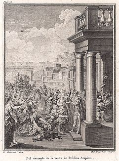 Прекрасный пример великодушия Публия Сципиона. Лист из "Краткой истории Рима" (Abrege De L'Histoire Romaine), Париж, 1760-1765 годы