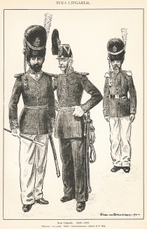 Офицеры и гренадер шведской лейб-гвардии в униформе образца 1858-78 гг. Svenska arméns munderingar 1680-1905. Стокгольм, 1911