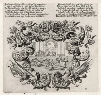 Столкновение между израильтянами и иудеями (из Biblisches Engel- und Kunstwerk -- шедевра германского барокко. Гравировал неподражаемый Иоганн Ульрих Краусс в Аугсбурге в 1700 году)