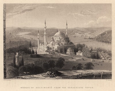 Константинополь (Стамбул). Вид на мечеть Сулейманийе с башни сераскиров. The Beauties of the Bosphorus, by miss Pardoe. Лондон, 1839