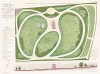 Общий план и вид парка в городе Монтелимар, департамент Дром. F.Duvillers, Les parcs et jardins, т.I, л.4. Париж, 1871