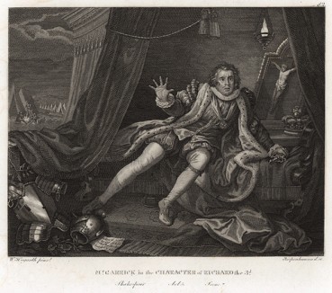 Гаррик в образе Ричарда III, 1745. Дэвид Гаррик (1717-79) - английский актер, драматург, директор придворного театра "Друри Лейн" и друг Хогарта. Портрет актера в самой известной роли полон экспрессии и точно передает стиль игры. Геттинген, 1854